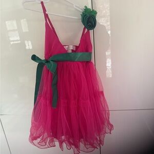 Pink and Green Tulle Dress with Flower Accent